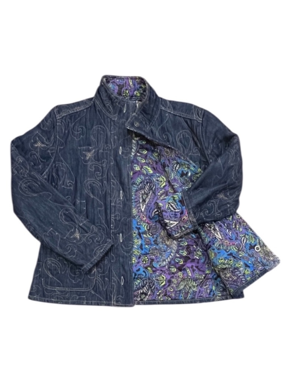Chico’s Reversible Two-Way Blue Denim/Purple Paisley Quilted Jacket Size Large